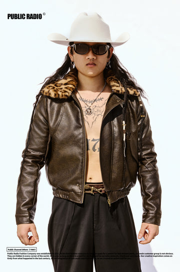 PUBLIC RADIO | Mexican Hero Series Leopard Print Warm Collar Detachable Leather Jacket Retro Style
