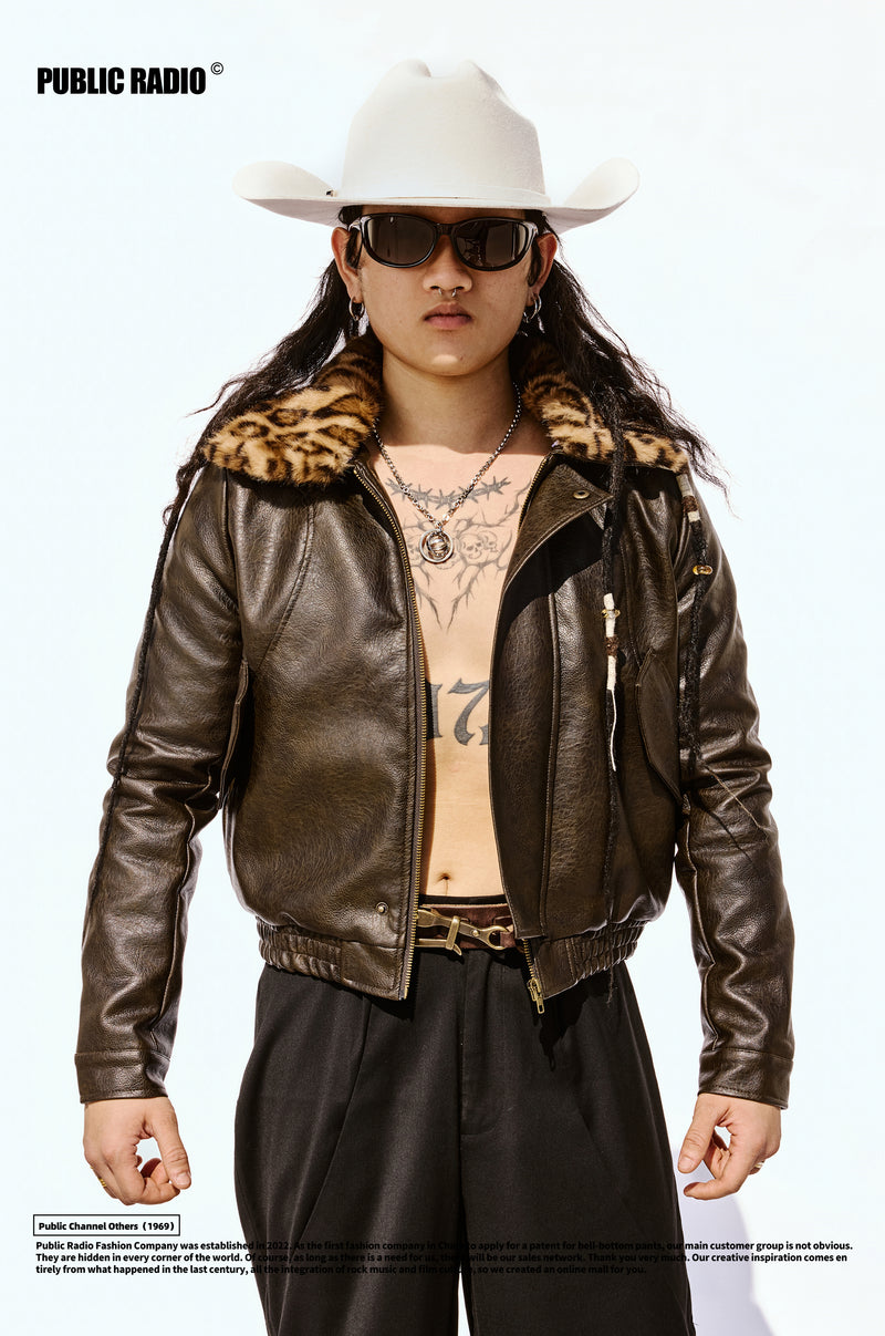 PUBLIC RADIO | Mexican Hero Series Leopard Print Warm Collar Detachable Leather Jacket Retro Style