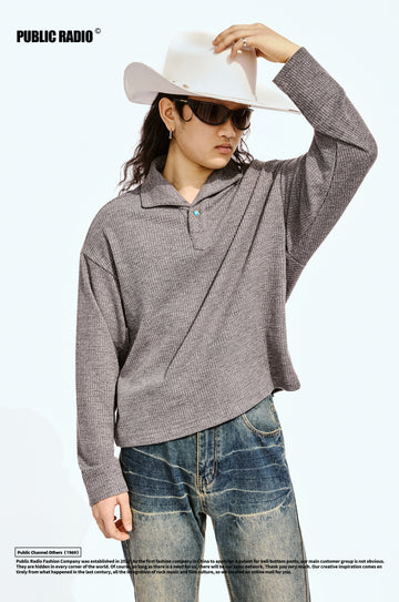 PUBLIC RADIO｜American Retro One-Piece Neck Turquoise Eyelet Design Loose Long-Sleeve Polo Shirt