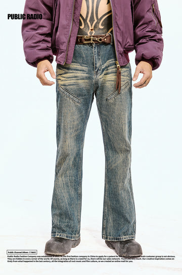 PUBLIC RADIO | Tokyo Rumble Series Washed Textured Retro Denim Flare Pants for Motorcycle Riders, Men and Women