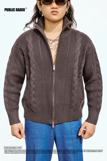 PUBLIC RADIO｜American Retro High Neck Stand Collar Zipper Knit Cashmere Japanese Style Sweater/Sweatshirt for Men and Women
