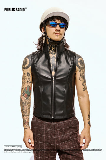 PUBLIC RADIO｜DIGITAL PUNK Japanese Rock Motorcycle High-Neck Genuine Leather Zipper Vest