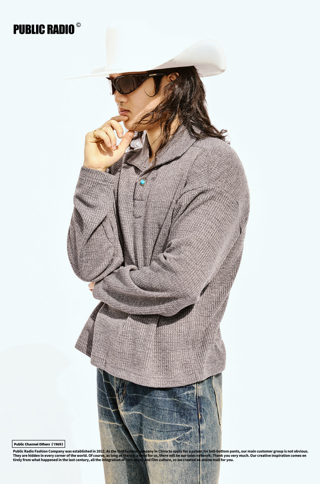 PUBLIC RADIO｜American Retro One-Piece Neck Turquoise Eyelet Design Loose Long-Sleeve Polo Shirt