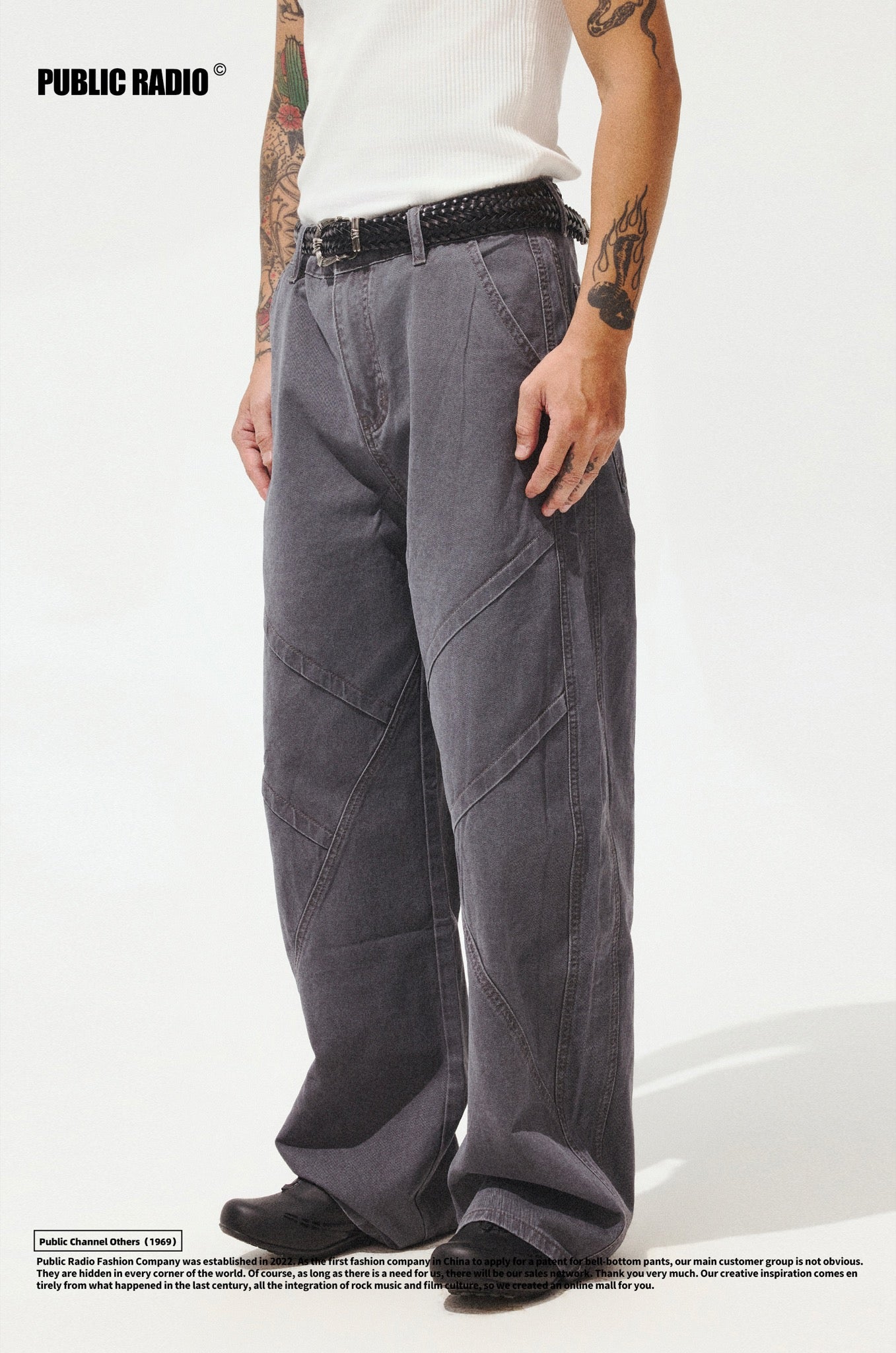 PUBLIC RADIO | Grey Patchwork Striped Cargo Pants - Image 2
