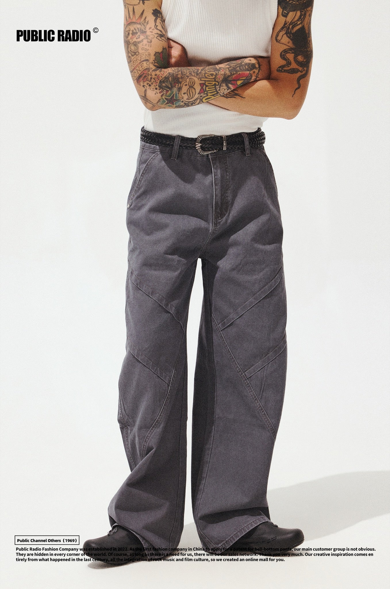 PUBLIC RADIO | Grey Patchwork Striped Cargo Pants - Image 3