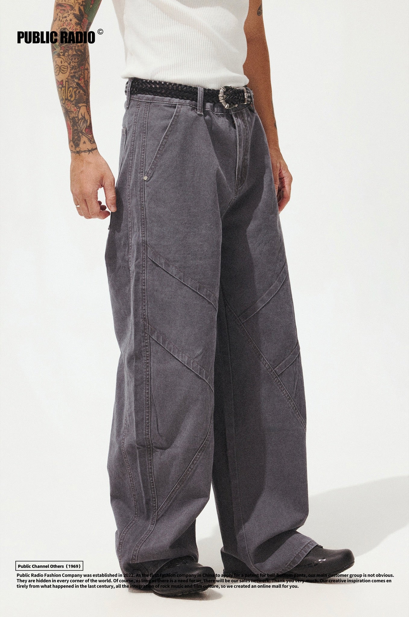 PUBLIC RADIO | Grey Patchwork Striped Cargo Pants - Image 4
